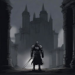 A dark illustration of a lone knight wielding a sword and a torch standing in front of the entrance to a dungeon