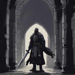 A dark illustration of a lone knight wielding a sword and a torch standing in front of the entrance to a dungeon