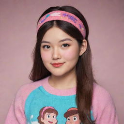 Mabel Pines from Gravity Falls reimagined as an Asian character, keeping her iconic sweater, head band and optimistic aura