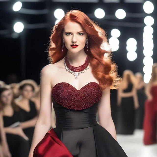 A young woman with long red hair and a striking red necklace walks confidently on a catwalk