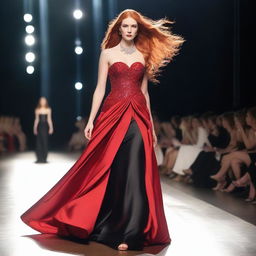 A young woman with long red hair and a striking red necklace walks confidently on a catwalk