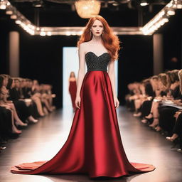 A young woman with long red hair and a striking red necklace walks confidently on a catwalk