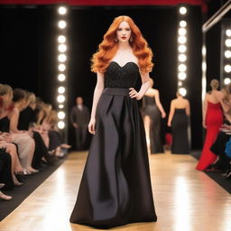 A young woman with long red hair and a striking red necklace walks confidently on a catwalk