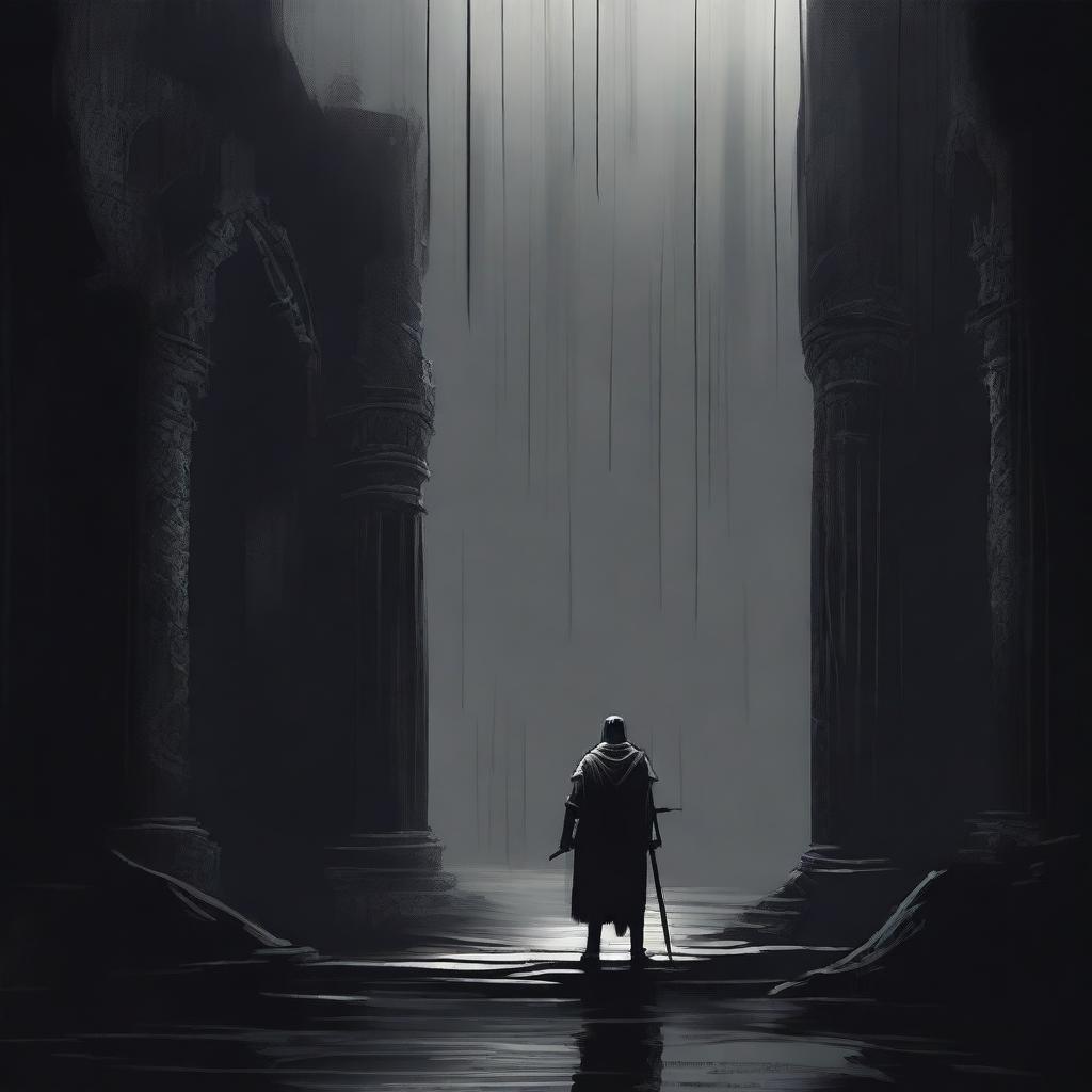 A dark illustration of a lone knight standing in front of the entrance to a dungeon