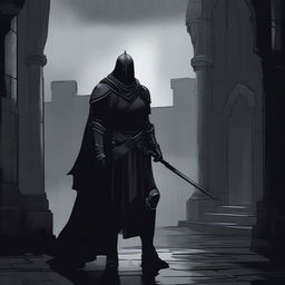 A dark illustration of a lone knight standing in front of the entrance to a dungeon