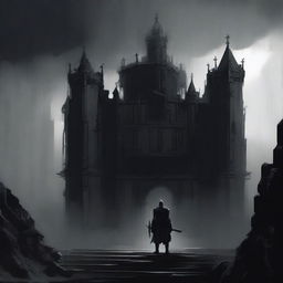 A dark illustration of a lone knight standing in front of the entrance to a dungeon