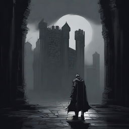 A dark illustration of a lone knight standing in front of the entrance to a dungeon