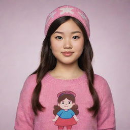 Mabel Pines from Gravity Falls reimagined as an Asian character, keeping her iconic sweater, head band and optimistic aura