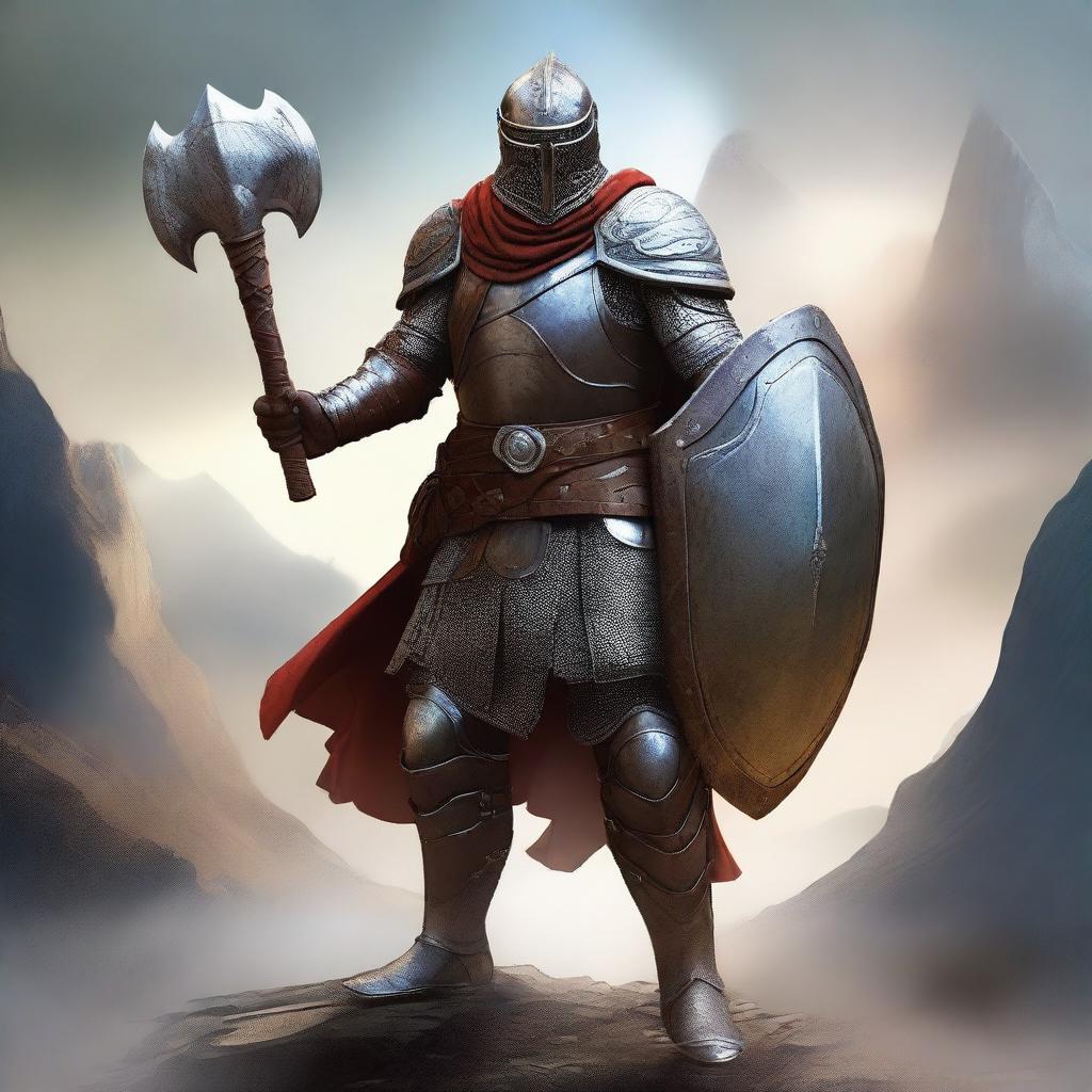 A Harengon psi warrior dressed in splint mail armor, holding a shield in one hand and an ax in the other