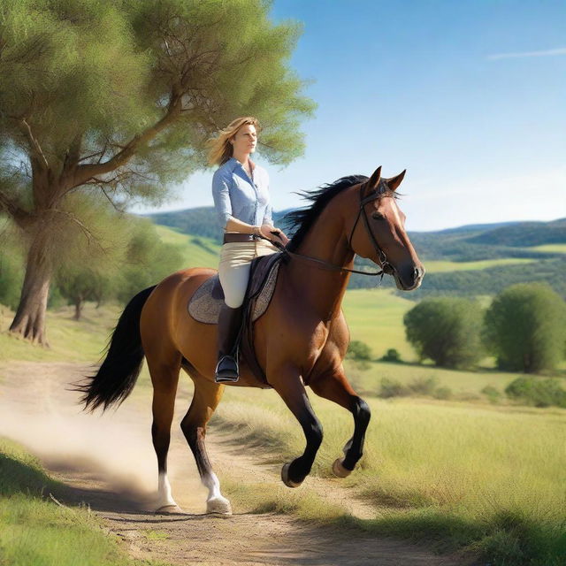 A woman gracefully riding a horse through a beautiful landscape