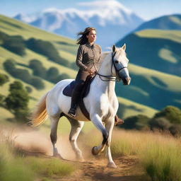 A woman gracefully riding a horse through a beautiful landscape