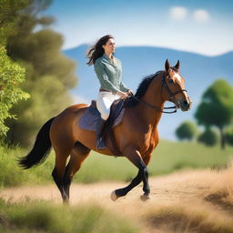 A woman gracefully riding a horse through a beautiful landscape