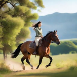 A woman gracefully riding a horse through a beautiful landscape