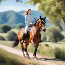 A woman in stylish, slightly revealing attire riding a horse through a picturesque landscape