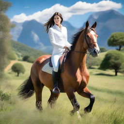 A woman in stylish, slightly revealing attire riding a horse through a picturesque landscape