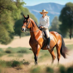 A woman in stylish, slightly revealing attire riding a horse through a picturesque landscape