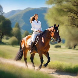 A woman in stylish, slightly revealing attire riding a horse through a picturesque landscape