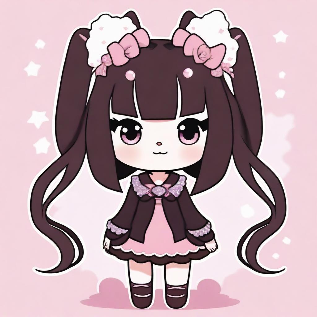 A cute depiction of Kuromi, the character from Sanrio, with brown wavy hair and bangs