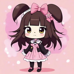 A cute depiction of Kuromi, the character from Sanrio, with brown wavy hair and bangs