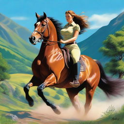 A voluptuous woman with pronounced curves riding a horse through a scenic landscape