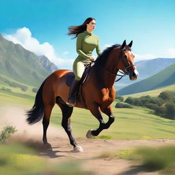 A voluptuous woman with pronounced curves riding a horse through a scenic landscape