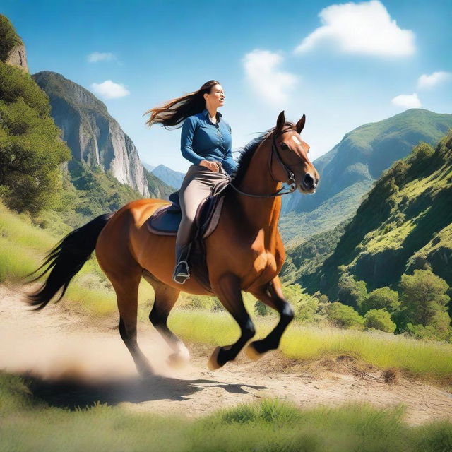 A voluptuous woman with pronounced curves riding a horse through a scenic landscape