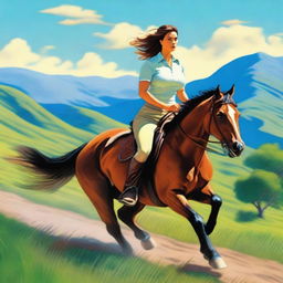 A voluptuous woman with pronounced curves riding a horse through a scenic landscape