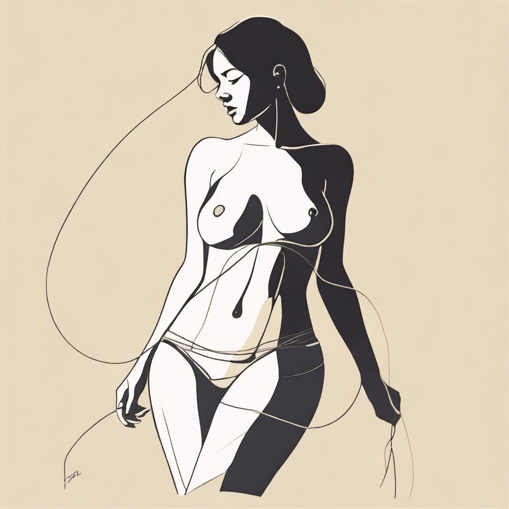 A depiction of a person with pronounced curves wearing minimal attire, such as strings or a bikini, in a tasteful and artistic manner