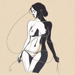 A depiction of a person with pronounced curves wearing minimal attire, such as strings or a bikini, in a tasteful and artistic manner