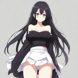 Anime girl with a large butt, thick thighs, medium-sized breasts, wearing a very short white skirt, black panties, a black top, long black hair, and no shoes