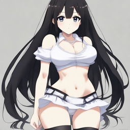 Anime girl with a large butt, thick thighs, medium-sized breasts, wearing a very short white skirt, black panties, a black top, long black hair, and no shoes