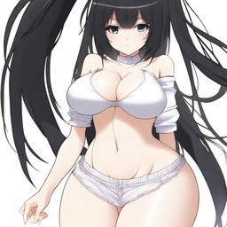 Anime girl with a large butt, thick thighs, medium-sized breasts, wearing a very short white skirt, black panties, a black top, long black hair, and no shoes