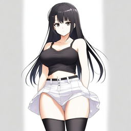 Anime girl with a large butt, thick thighs, medium-sized breasts, wearing a very short white skirt, black panties, a black top, long black hair, and no shoes