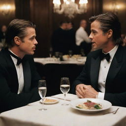 A cinematic scene capturing Brad Pitt and Sylvester Stallone enjoying a meal together in an upscale restaurant, engaged in a deep conversation.