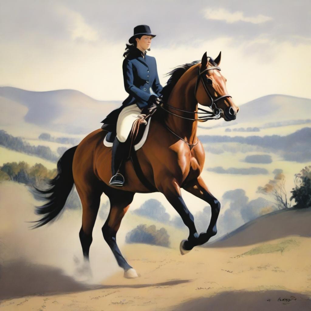 A tasteful and artistic depiction of a person with a large, pronounced posterior and a thin waist, engaged in horse riding