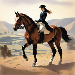 A tasteful and artistic depiction of a person with a large, pronounced posterior and a thin waist, engaged in horse riding