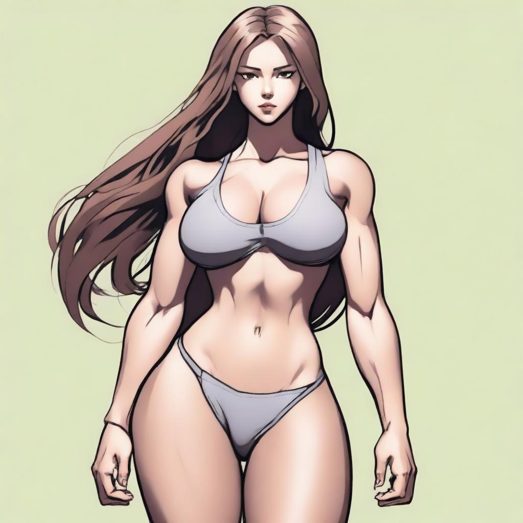 A depiction of a girl with long hair, a large pronounced posterior, and a thin, muscular waist