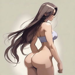 A depiction of a girl with long hair, a large pronounced posterior, and a thin, muscular waist