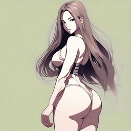 A depiction of a girl with long hair, a large pronounced posterior, and a thin, muscular waist