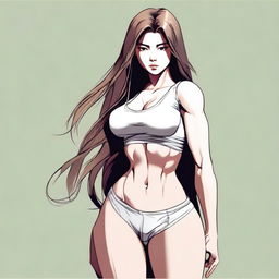 A depiction of a girl with long hair, a large pronounced posterior, and a thin, muscular waist