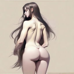 A depiction of a girl with long hair, a pronounced posterior, and a thin, muscular waist