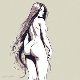 A depiction of a girl with long hair, a pronounced posterior, and a thin, muscular waist