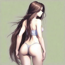 A depiction of a girl with long hair, a pronounced posterior, and a thin, muscular waist