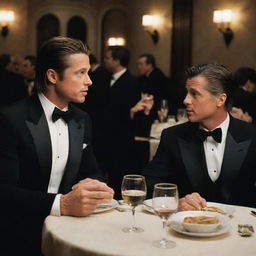 A cinematic scene capturing Brad Pitt and Sylvester Stallone enjoying a meal together in an upscale restaurant, engaged in a deep conversation.