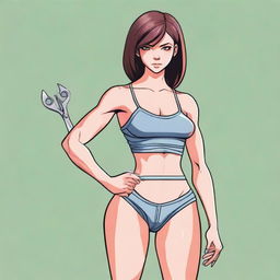 A depiction of a girl with a thin waist and well-defined muscles, holding a pair of scissors