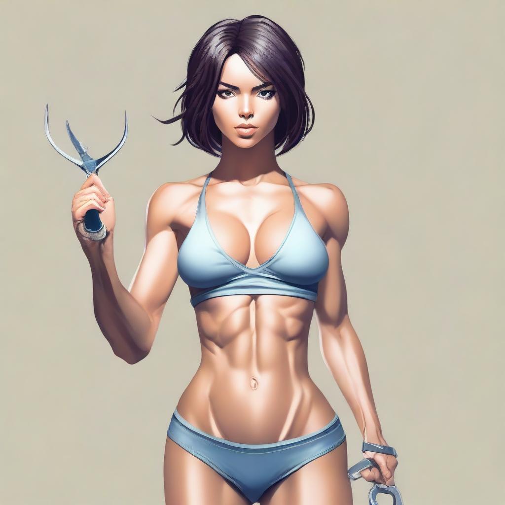 A depiction of a girl with a thin waist and well-defined muscles, holding a pair of scissors