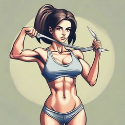 A depiction of a girl with a thin waist and well-defined muscles, holding a pair of scissors