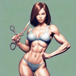 A depiction of a girl with a thin waist and well-defined muscles, holding a pair of scissors