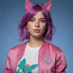 A detailed, realistic rendering of Sarah Lynn from Bojack Horseman, captured in her iconic pop-star attire and expressing her typical rebellious attitude