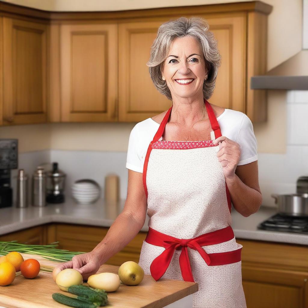 A mature-themed image of a woman wearing an apron, designed to be suggestive yet tasteful